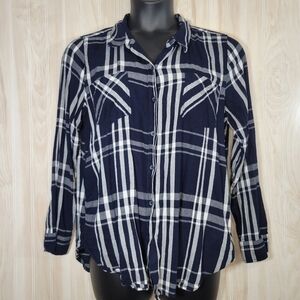 Lucky Brand Navy & White Plaid Button-Down Top Sz XL